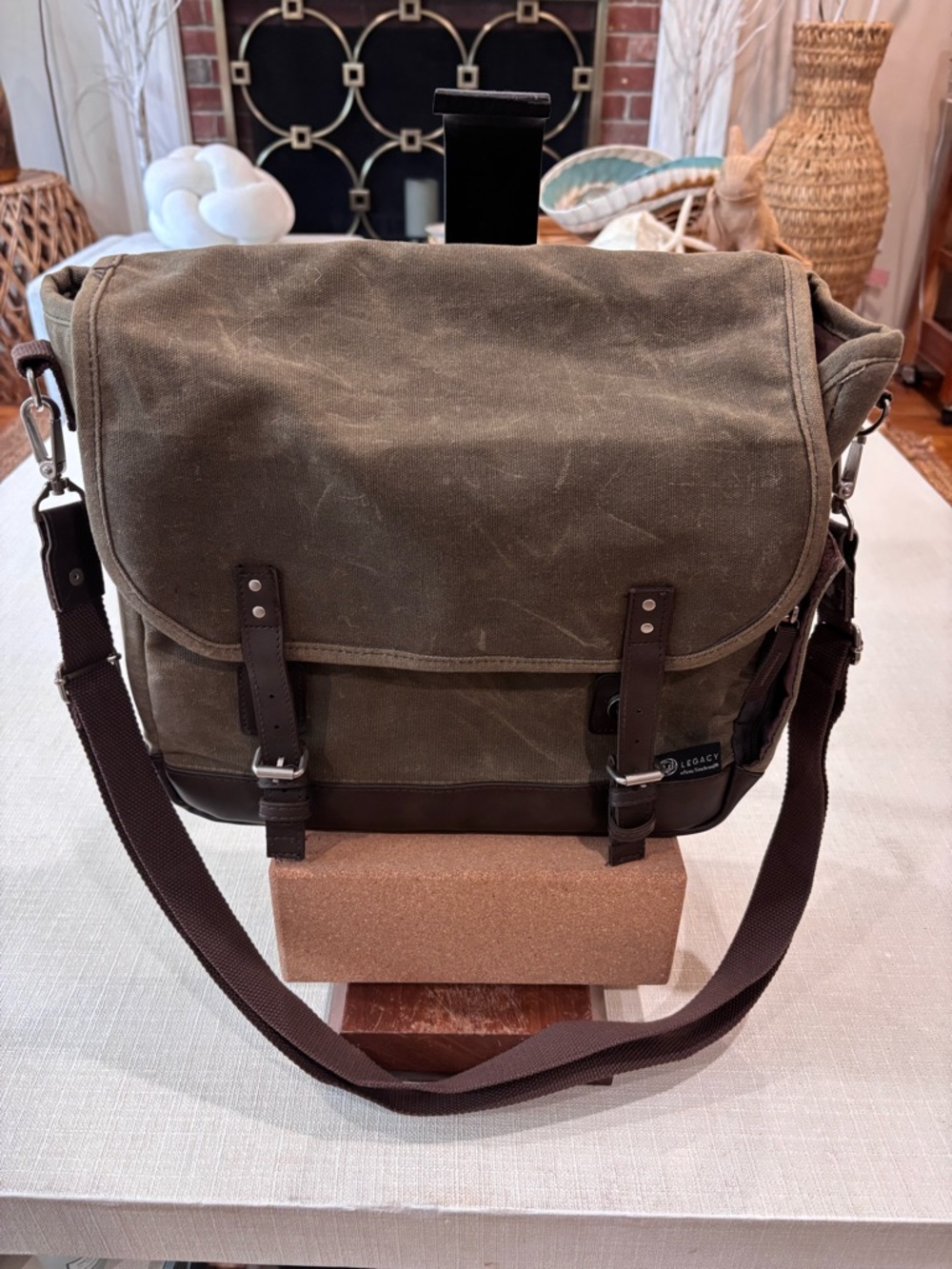 CRATE & BARREL Legacy Olive Green Waxed Canvas Messenger Bag For Wine